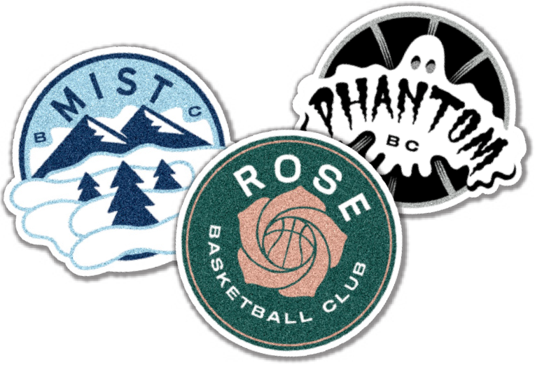 Unrivaled basketball team logos set decoratively overtop one another, including, Mist, Rose, Phantom