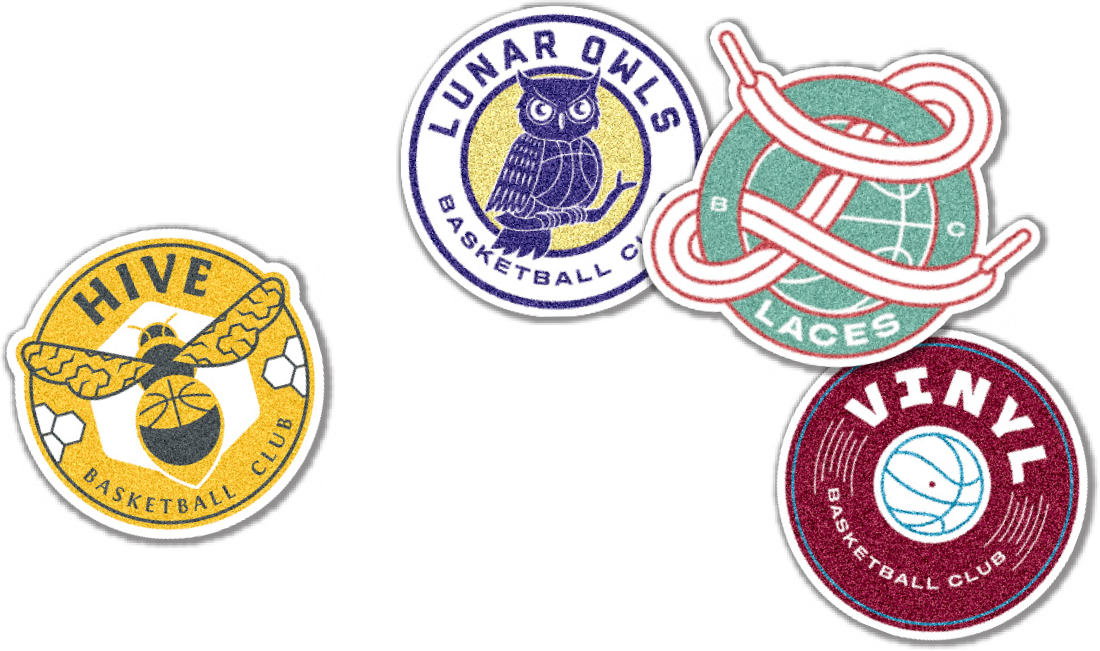 Unrivaled basketball team logos set decoratively overtop one another, including, Hive, Lunar Owls, Laces, And Vinyl
