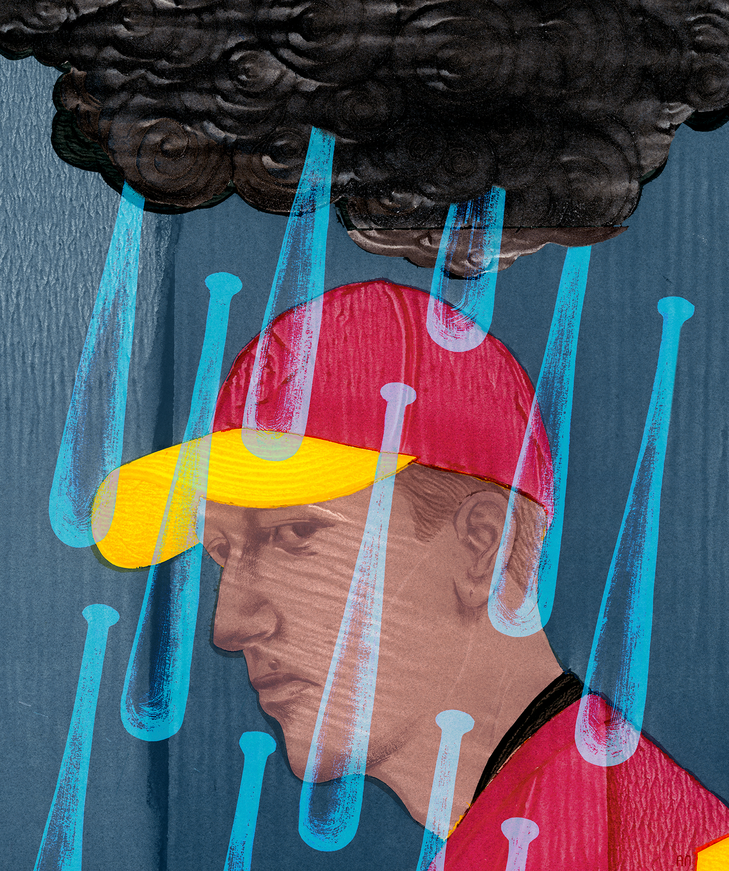 An illustration of a baseball player in a red and yellow jersey and hat with baseball-shaped raindrops falling from a black cloud over his head