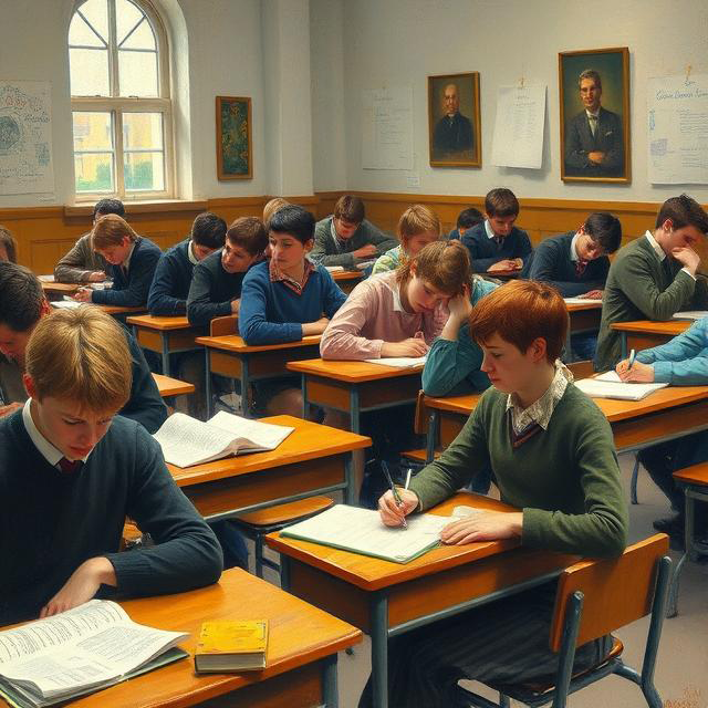 An AI-generated, Norman Rockwell-style picture of boys taking an exam while wearing sweaters and collared shirts in a classroom. There are odd things in the image such as a few boys sitting to the sides of their desk even though the chair is in front.