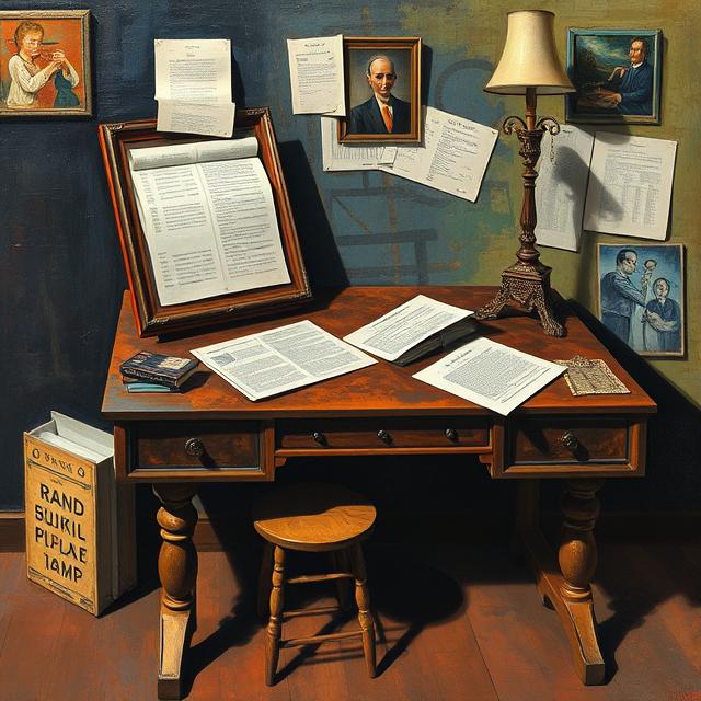 An AI-generated image in the style of an oil painting of a classic wooden desk with papers strewn about and hung on the wall alongside painted portraits. A book on the ground has letter-like shapes that don’t make sense. 