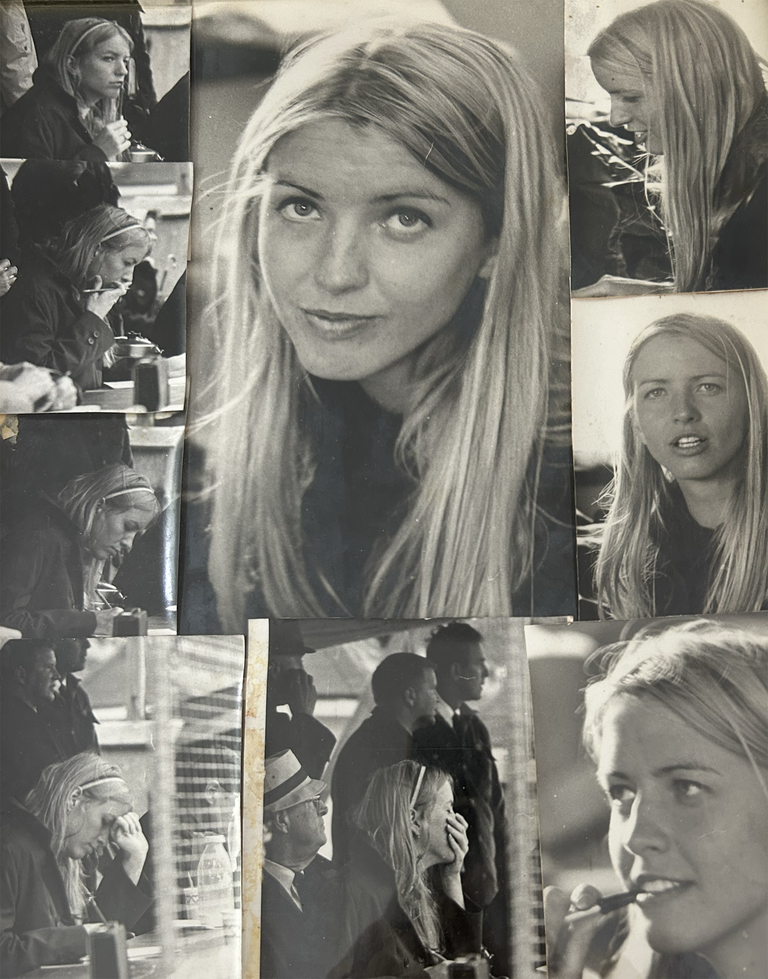 A collage of black-and-white photos of a young Judy Scarafile who has long blonde hair and makes a variety of expressions at the camera; some photos are of her working in a press box at a stadium
