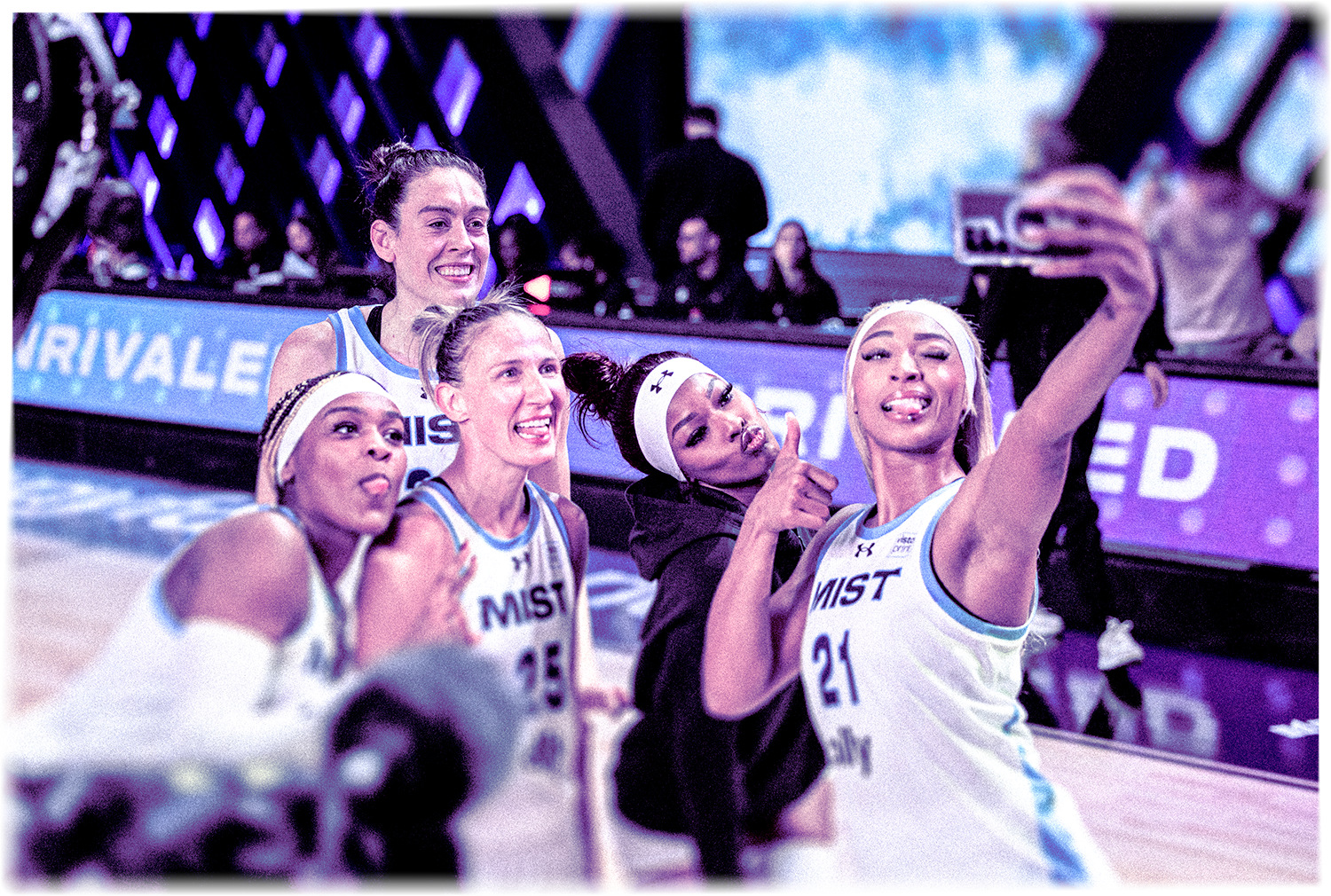 Players from Mist BC, a professional women's 3-on-3 basketball team that competes in the Unrivaled basketball league pose for a selfie
