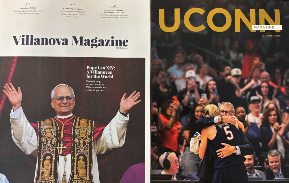A post on X by user BenJ6257 reads “The UConn Magazine is so much cooler than Villanova’s, who even is that guy in the robe” with images of a Villanova Magazine cover featuring a picture of the Pope and the headline “Pope Leo XIV: A Villanovan for the World” and a UConn Magazine cover with Coach Geno Auriemma hugging women’s basketball player Paige Bueckers during the 2025 national championship game