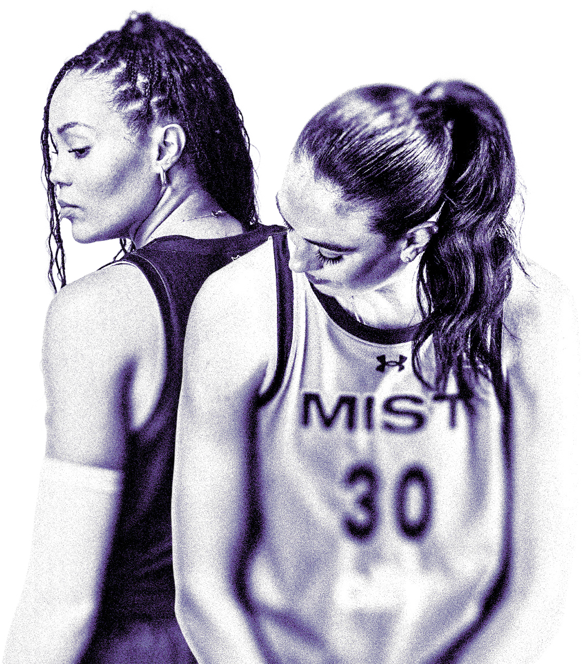 photo composite where Napheesa Collier wears a basketball jersey with the number 24 and looks over her shoulder to the side, her back to the camera at Brianna Stewart wearing a jersey with the number 30