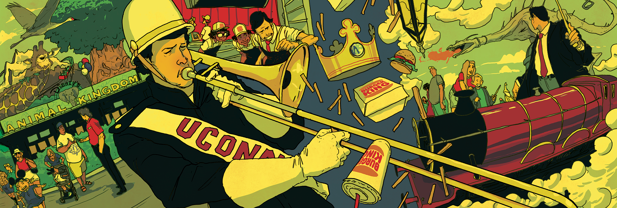 A fluid horizontal layout image that illustrates the article below. The illustration features Peter Laporta evacuating guests from Disney's Animal Kingdom, then peter Laporta playing trombone for UCONN marching band, Laporta managing at Burger King, and Laporta holding a wand in the debut of The Wizarding World of Harry Potter, as a dragon flies overhead.