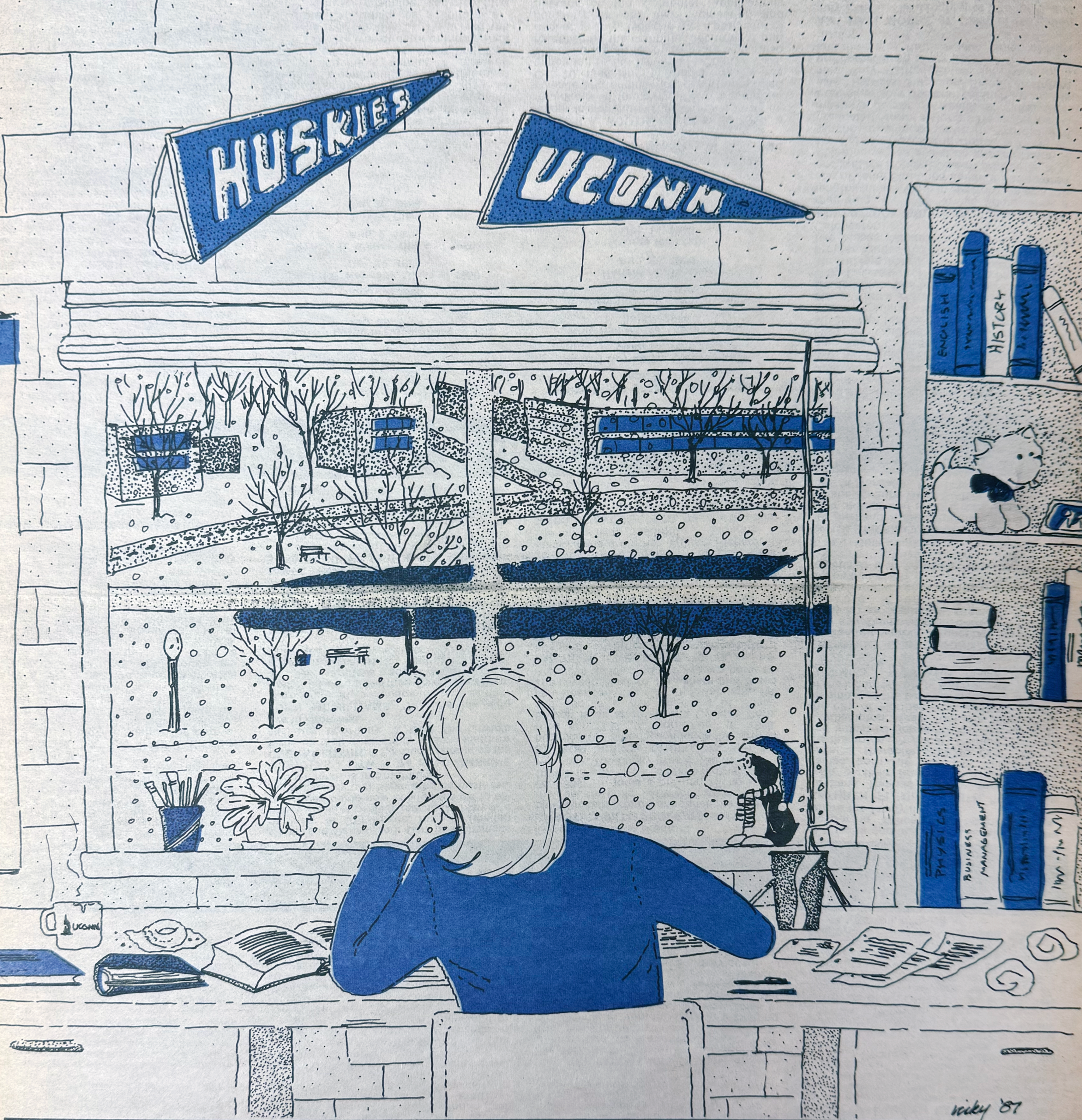 An illustration from an issue of UConn's first alumni publication. It is in a limited color palette of blue, white, and black. It features a female student staring out at Mirror Lake during a snow storm.
