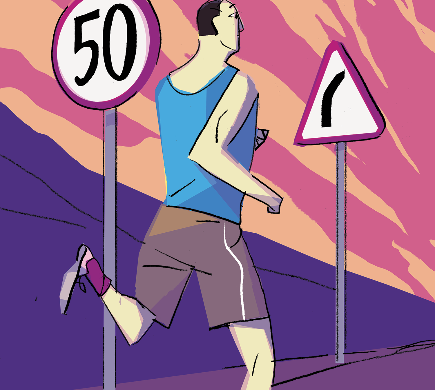 An illustration featuring a male runner going past a road sign that says 50 on it. Ahead, there is another, cautionary road sign with a bent path icon on it.