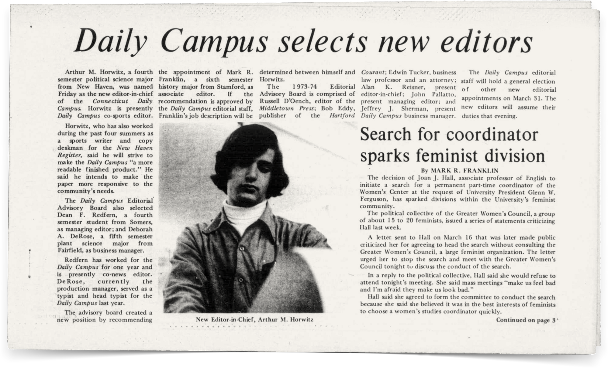 A clipping from The Connecticut Daily Campus, March 25, 1974. The title reads: "Daily Campus selects new editors".