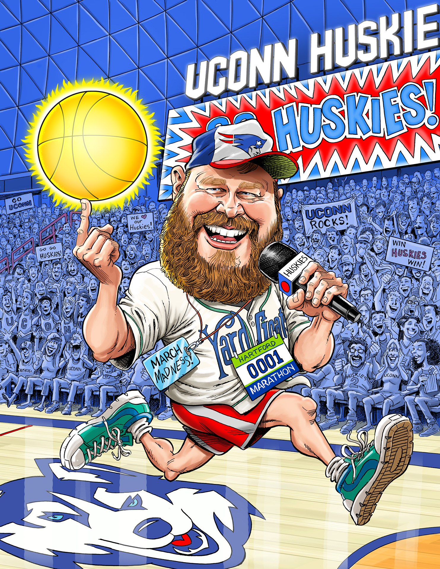A brightly colored illustrated caricature of Gameday Conor, depicted as a smiling bearded man in marathon gear, with a basketball twirling on his finger that is also the sun. He is at a UConn Huskies game and runs across the court with a Huskies microphone in his other hand.