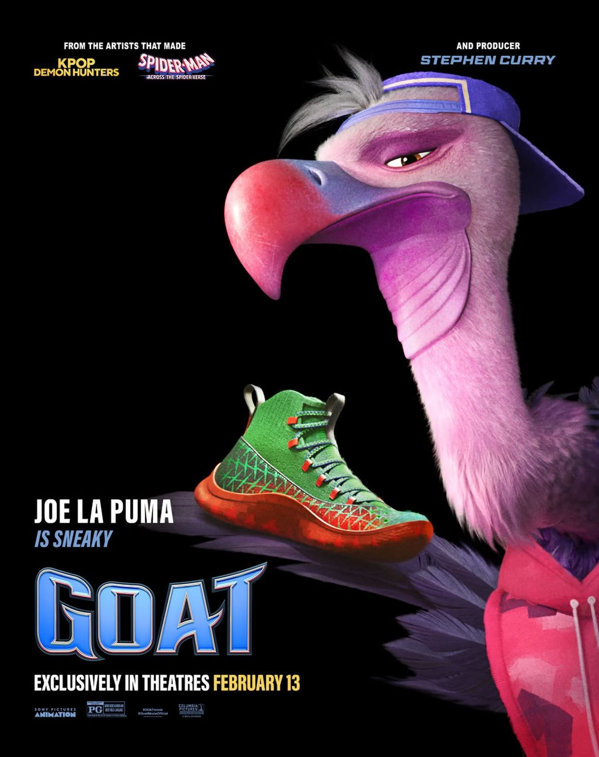 A poster for the movie GOAT, featuring Joe LaPuma's pink and purple vulture character that he voices. The vulture holds up a green and orange sneaker.