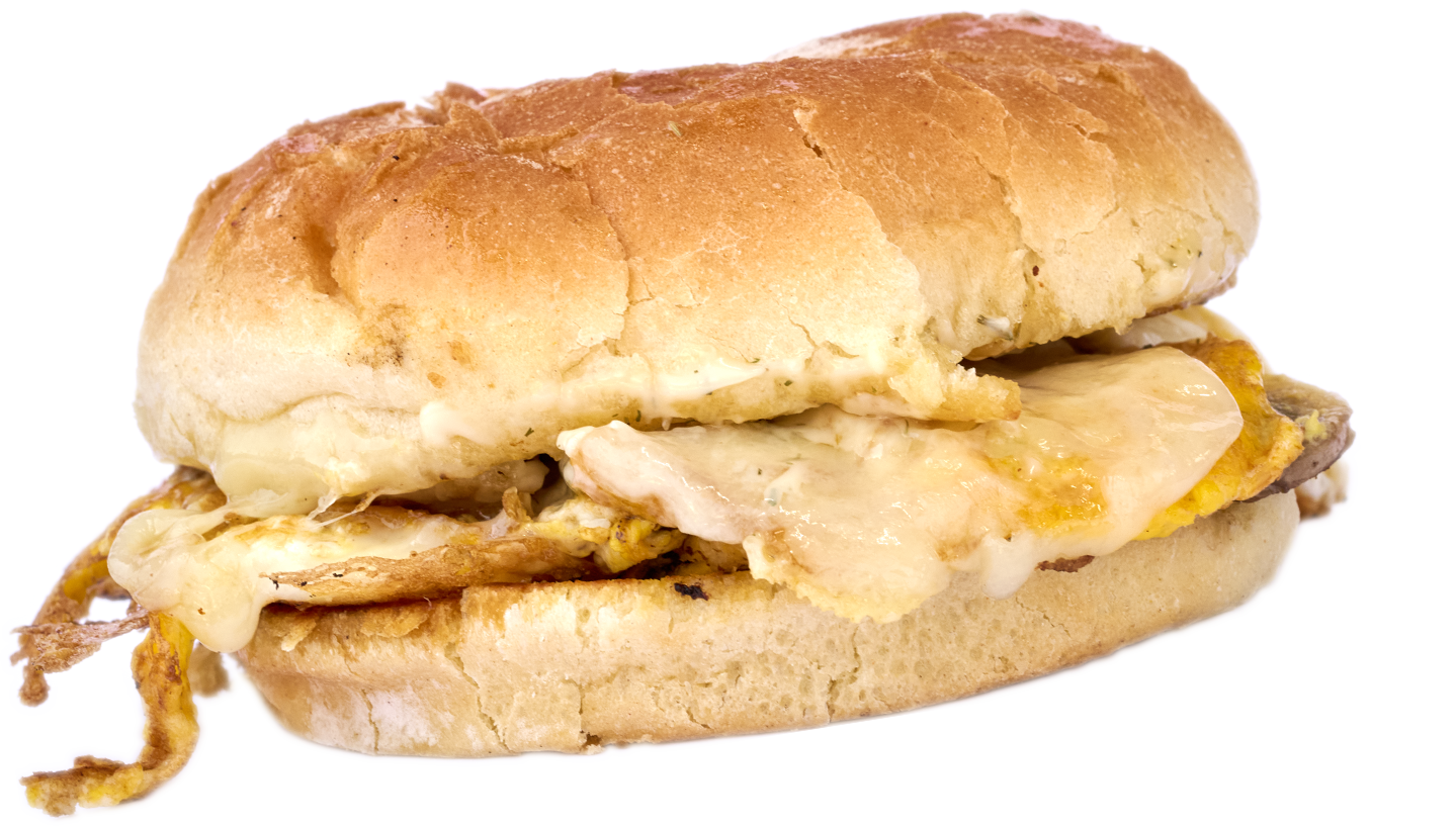 delicious mushroom breakfast sandwich with toppings spilling out.