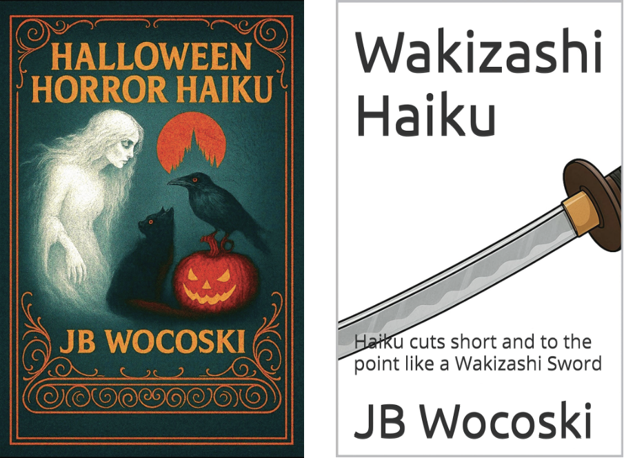 two books: A book cover with a ghost, cat, and pumpkin on the cover. The title reads: "Halloween Horror Haiku", and a book cover with a sword on it. The title reads: "Wakizashi Haiku".