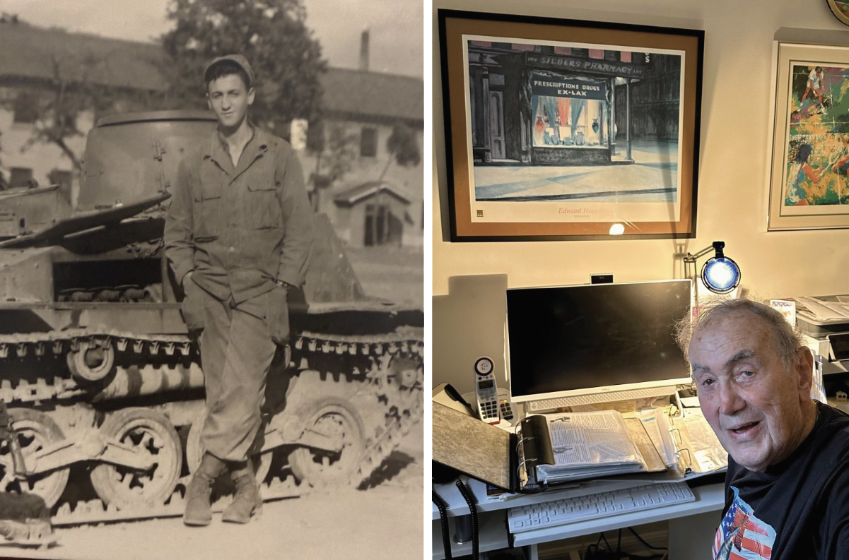 photos of Harold Kats as a young man and at towards the end of his life. The photo featuring him younger has Katz leaning casually on a tank, his legs crossed and hands in his pockets.
