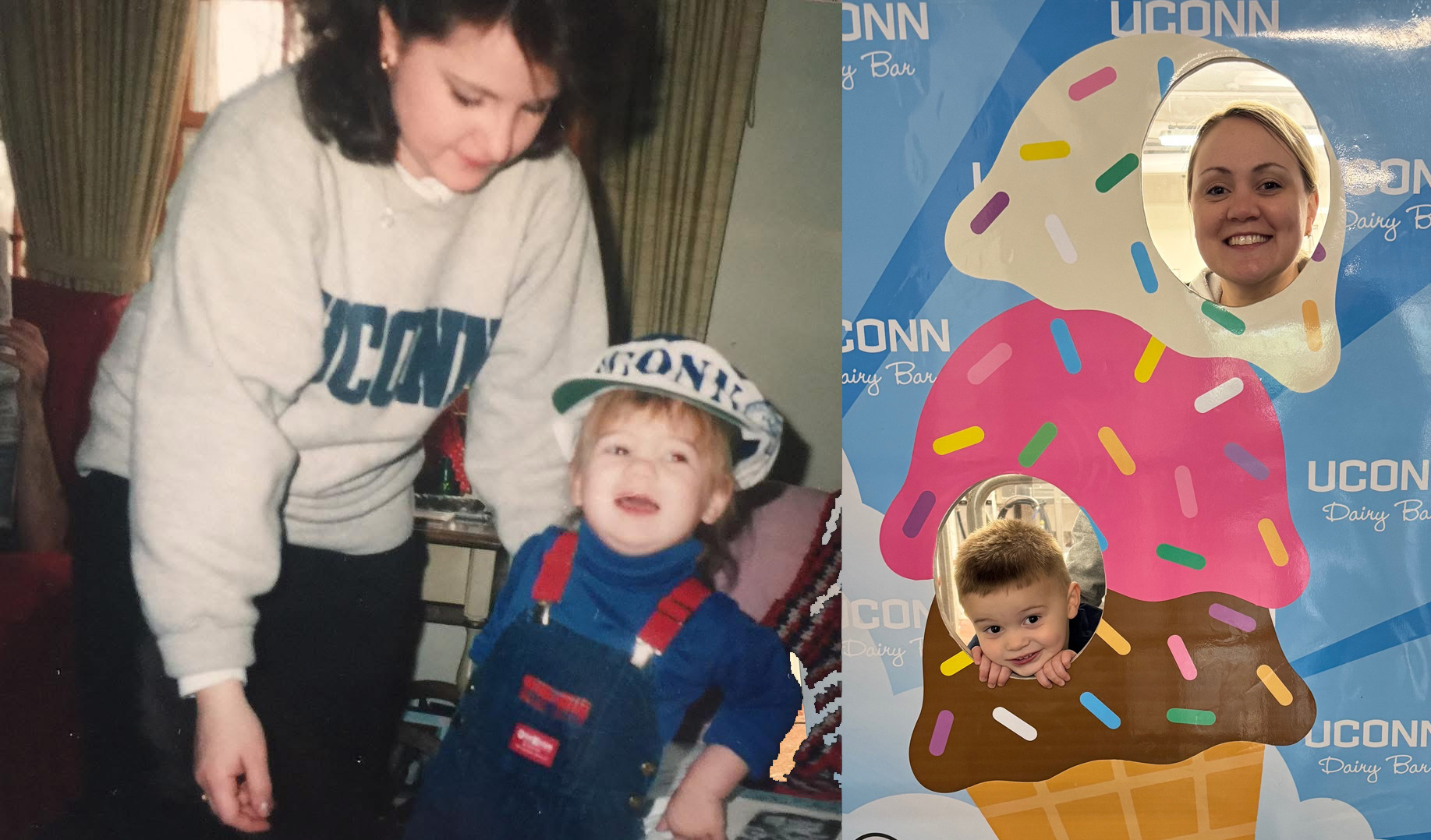 Composite of a vintage photo from 1990 of a woman in a UConn sweatshirt and her child wearing a UConn hat, and Julie with her child Jack, posing in a UConn Dairy Bar sign where their faces stick out from the ice cream cones.