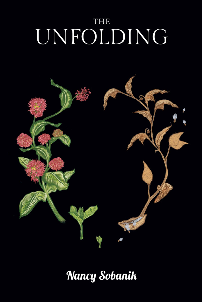 A book cover with a ring of flowers, at first starting bright and fresh and wilting and browning on the other side.