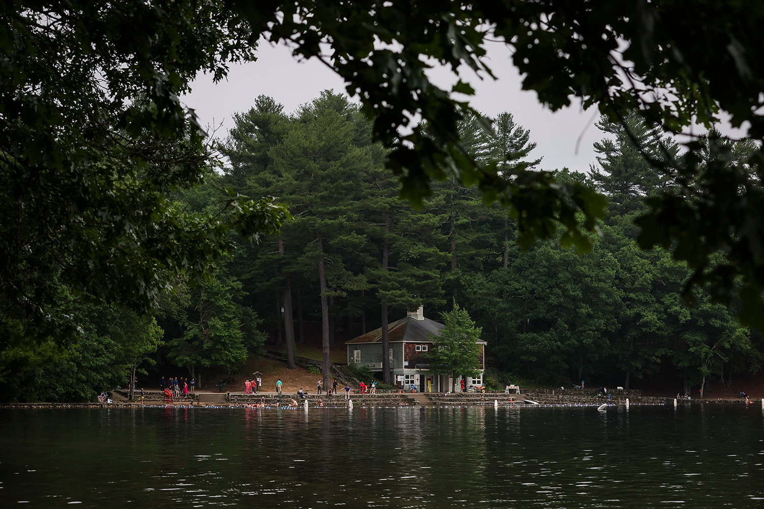 A modern photo of Walden Pond's swimming beach.