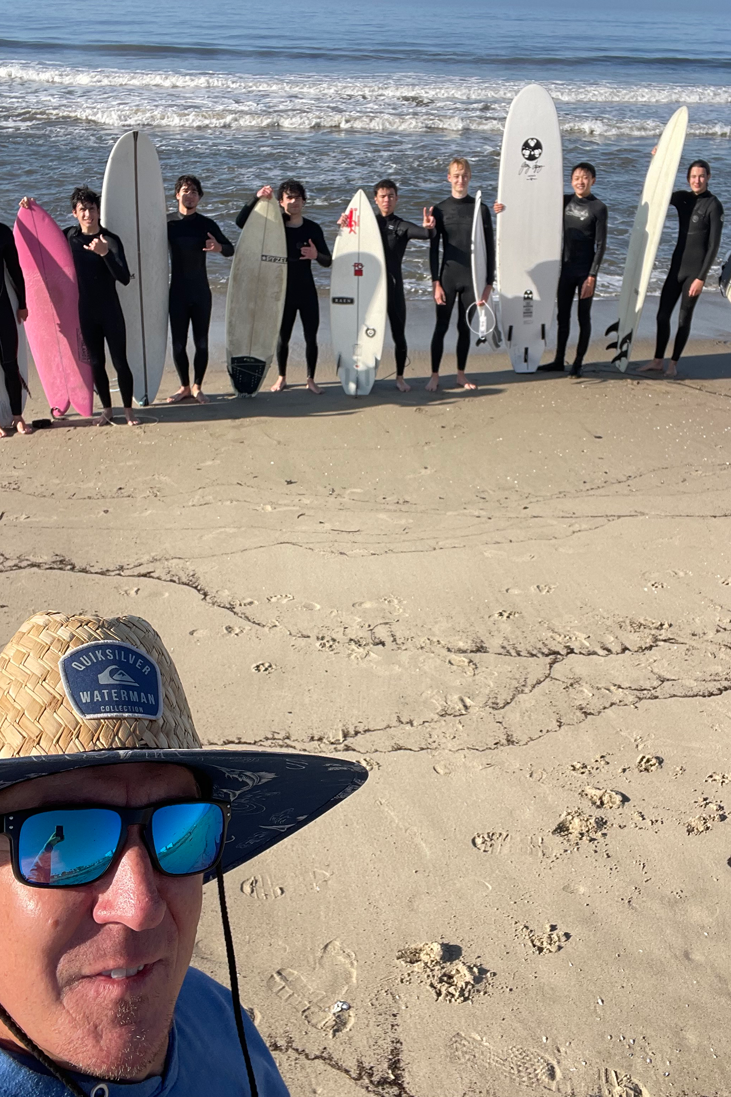 the first day of lessons back at their normal surf break off Will Rogers Beach in Pacific Palisades.