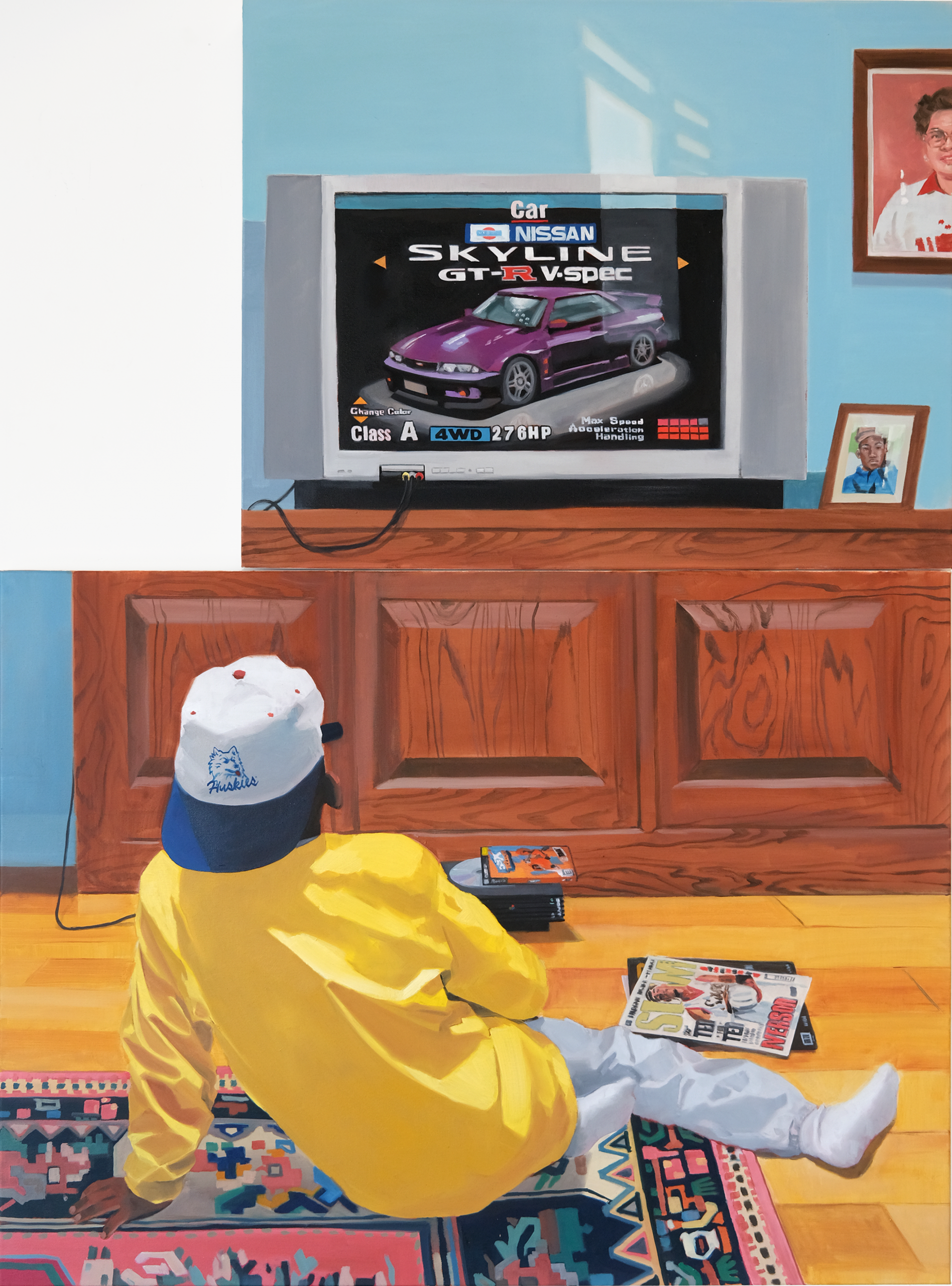 As you are: A boy in a retro huskies cap plays a videogame on 40x54 Oil on canvas
