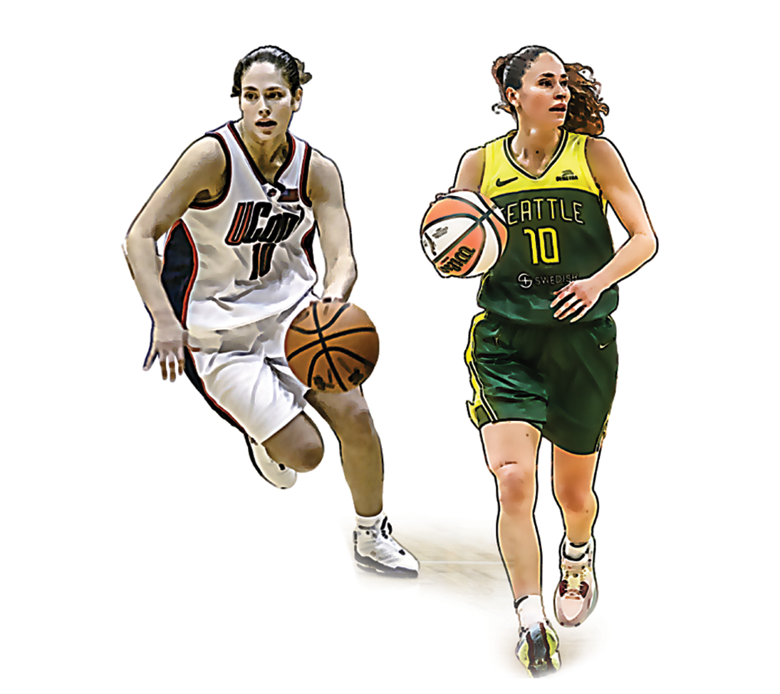 Sue Bird in her Connecticut and Oregon jerseys during her college basketball career