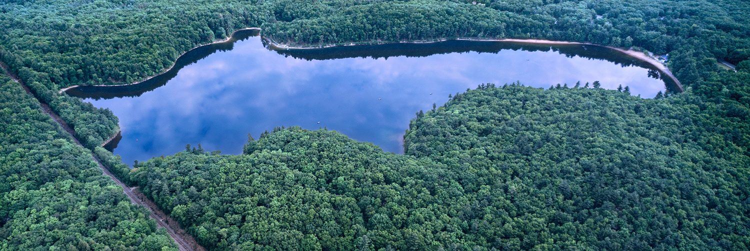 An modern overhead photo of Walden Pond.