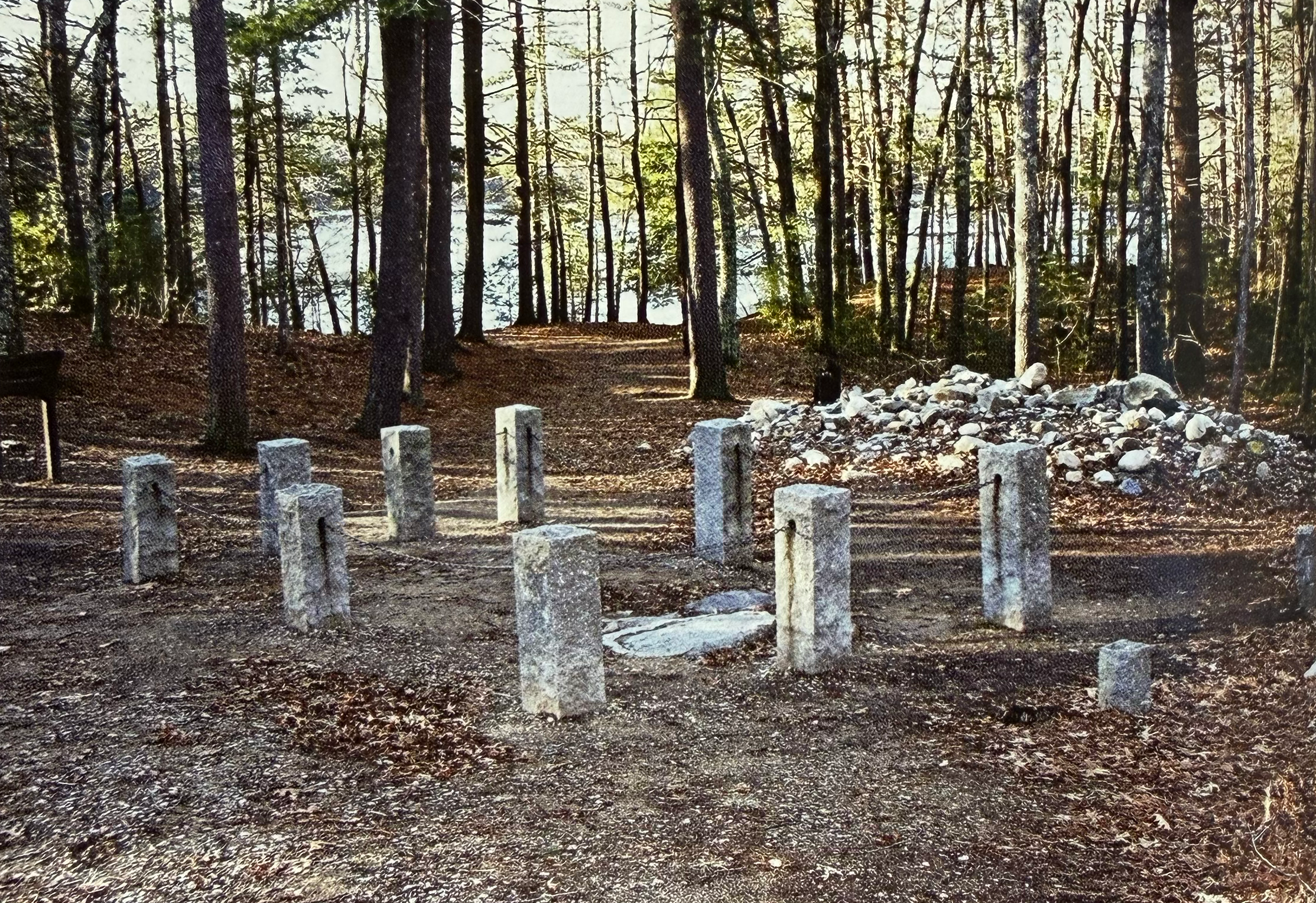 A granite monument that marks where the house from the ink illustration used to be.
