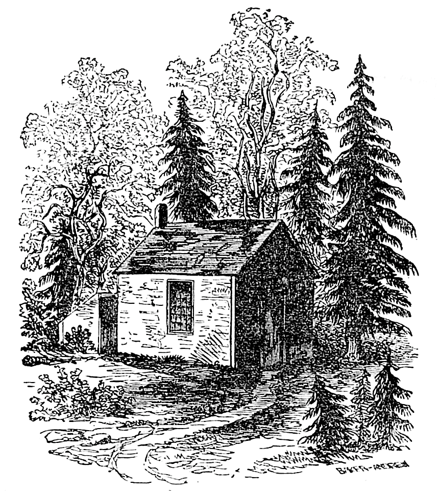 A black-and-white ink hatched illustration of a little cottage house at the end of a small trail, against trees and foliage.