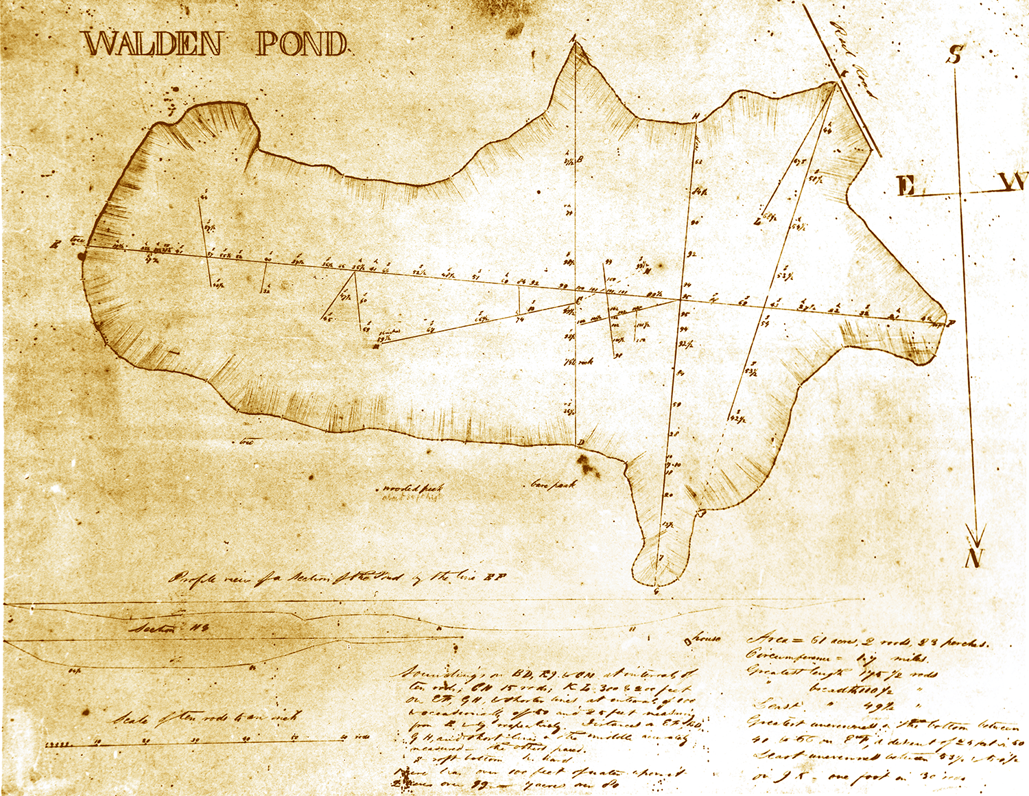 An aged hand-drawn map of Walden Pond.
