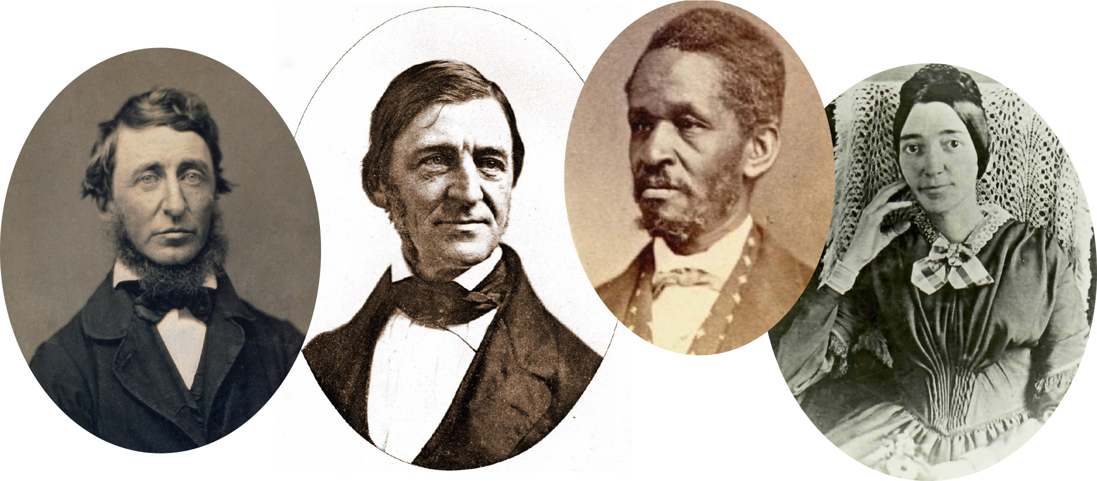 Vintage portraits of Henry David Thoreau, Ralph Waldo Emerson, Lewis Hayden, and Helen Louisa Thoreau