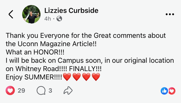 Post from Lizzie Curbside social media explaining that she will be back on campus soon