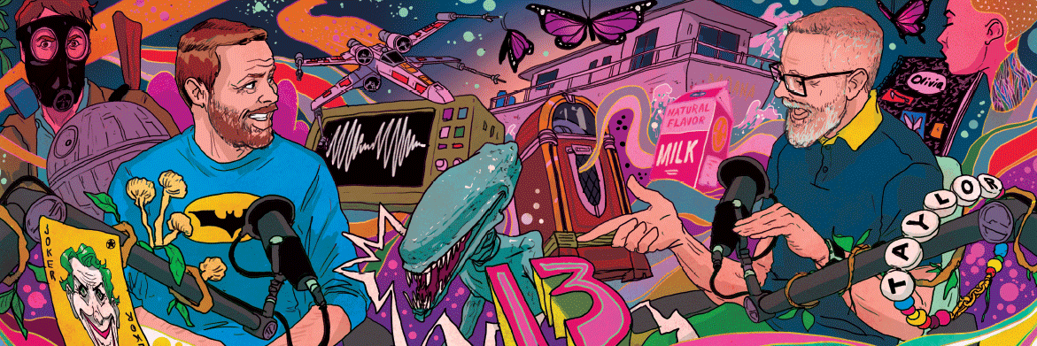 illustration of pup culture professors surrounded by different references in technicolor glory