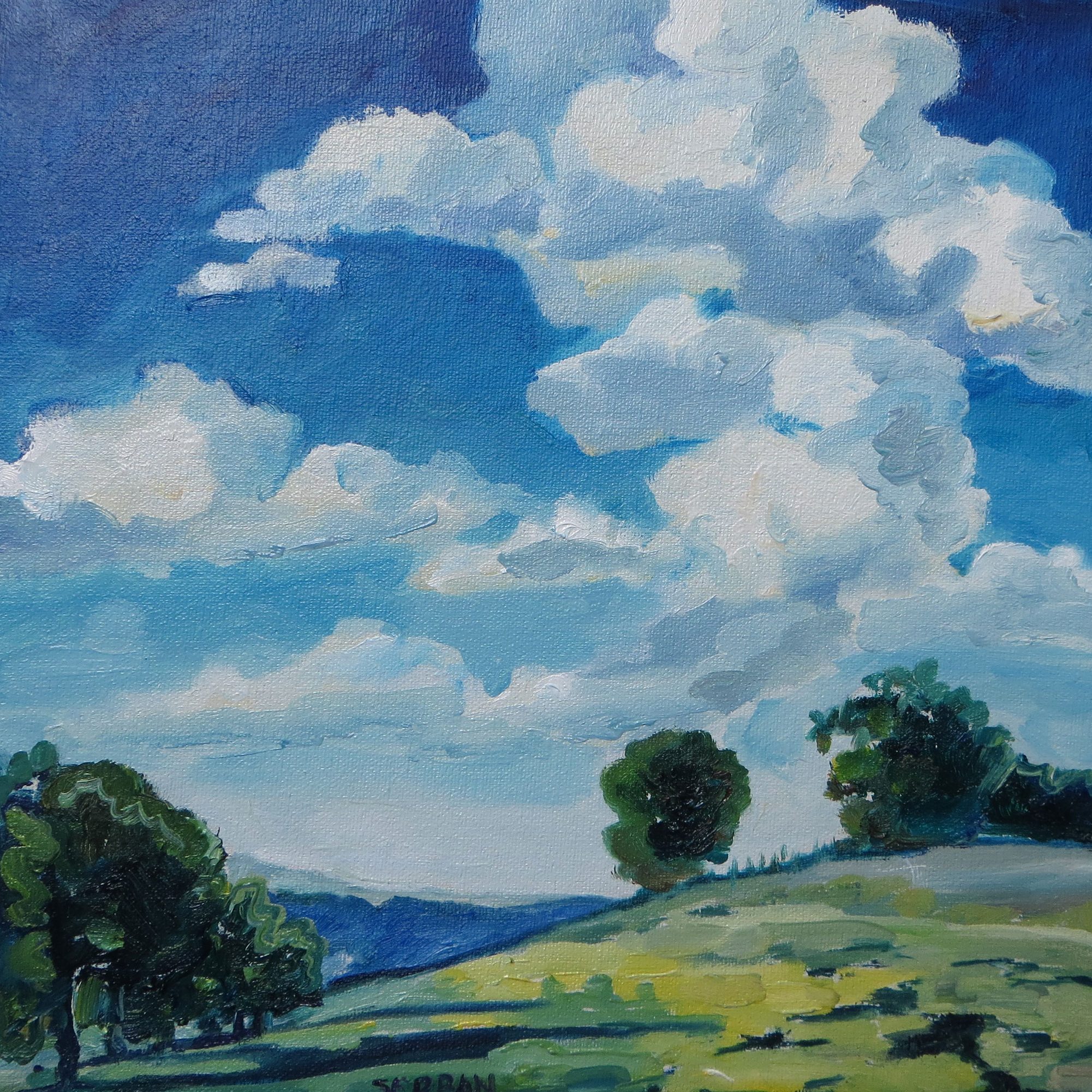 painting of clouds titled, White spirals build the air over the hill